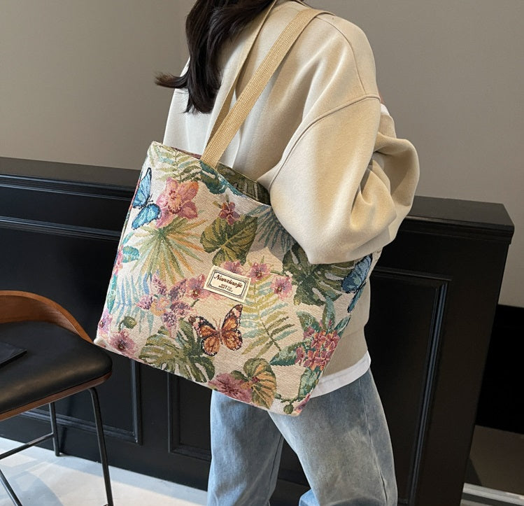 Nanxiao Vibrant Tapestry Floral Pattern Tote Bag (Khaki)