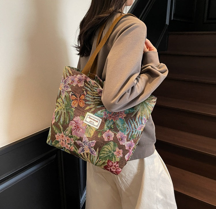 Nanxiao Vibrant Tapestry Floral Pattern Tote Bag (Brown)