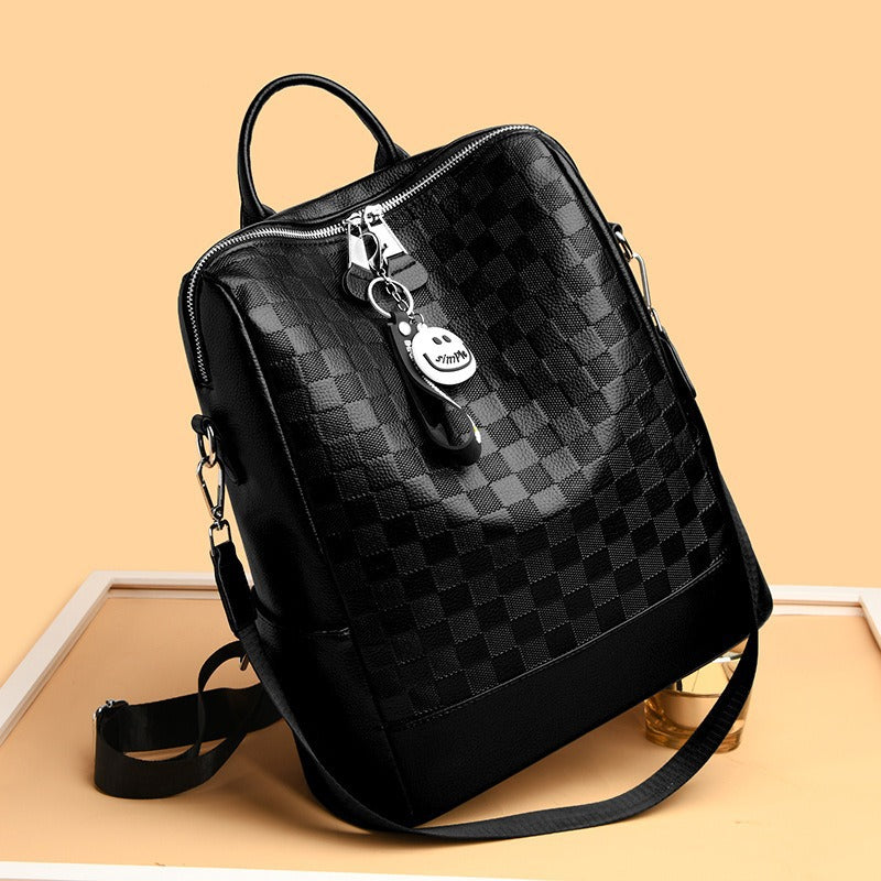 Checkerboard Patterned Leather Women's Backpack (Black)