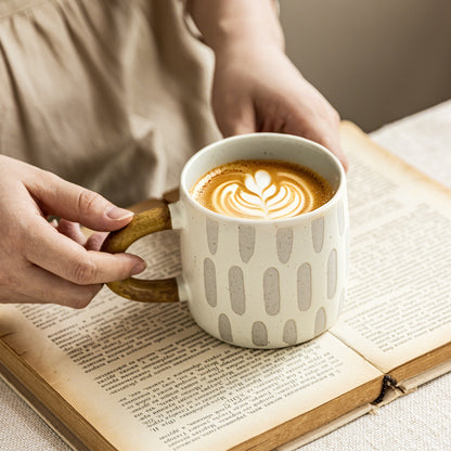 Handcrafted Rustic Ceramic Mug — Matte White with Grey Polka Dot Lines & Forest Green Handle (400ml)