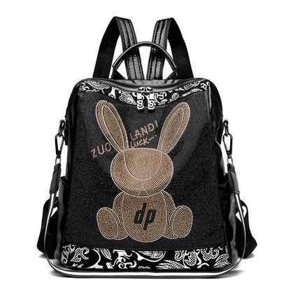 Fashionable Black Leather Rabbit Design Women's Backpack