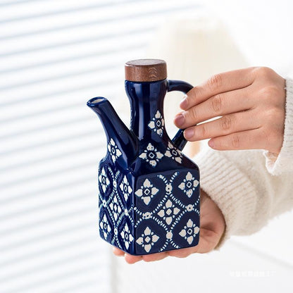 Vintage Blue & White Ceramic Oil Bottle — Bohemian Floral Cruet with Wooden Stopper (250ml)