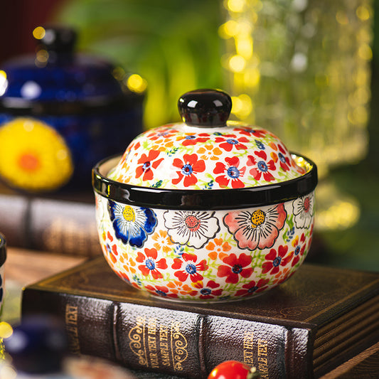 Polish Folk-Art Ceramic Lidded Bowl — Vibrant Multicolor Floral Dessert Cup & Stew Pot