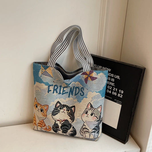 Vibrant Cat Embroidery Friends Tote Bag