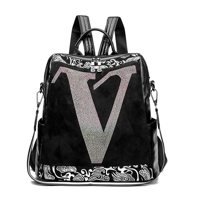 Fashionable Black Leather V Letter Women's Backpack