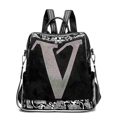 Fashionable Black Leather V Letter Women's Backpack