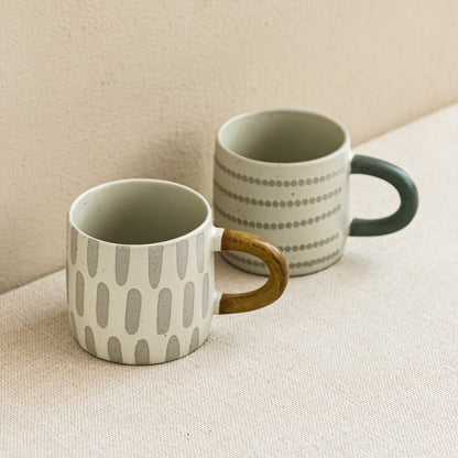 Handcrafted Rustic Ceramic Mug — Matte White with Grey Polka Dot Lines & Forest Green Handle (400ml)