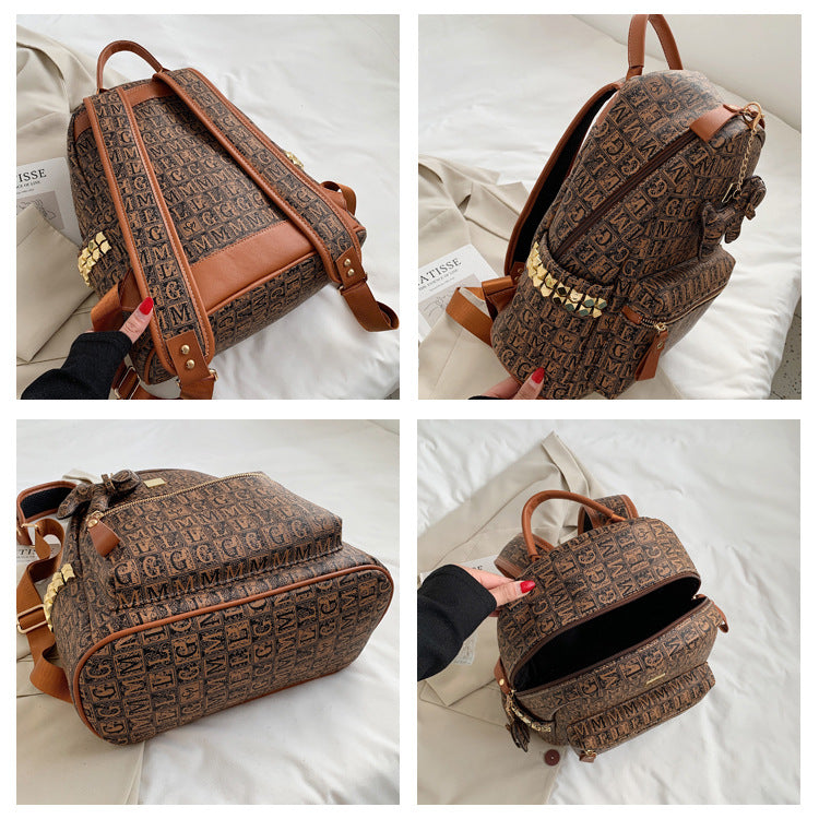 Luxury Vintage Monogram Print Leather Backpack (Brown)