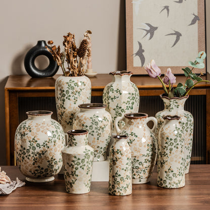 Retro Crackle Glazed Ceramic Flower Vase — Vintage Floral Pattern (20cm)