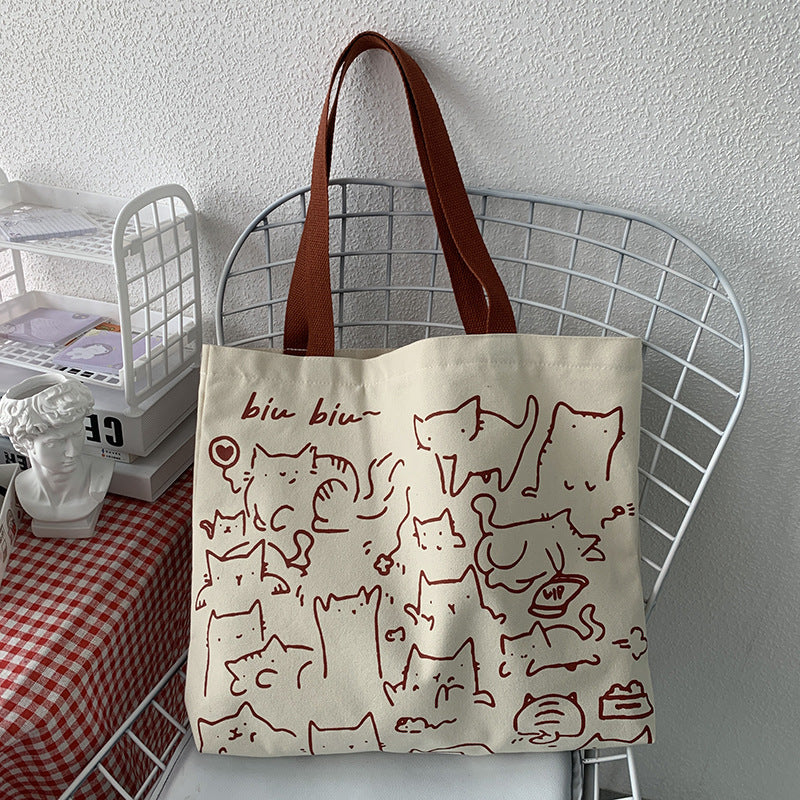 Beige Canvas Cat Illustration Tote Bag