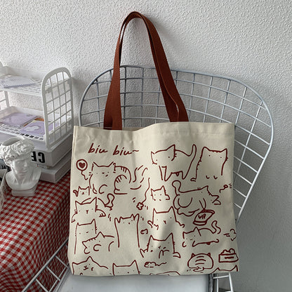 Beige Canvas Cat Illustration Tote Bag