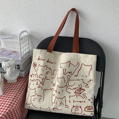 Beige Canvas Cat Illustration Tote Bag