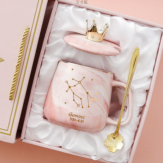 Luxury Pink Marble Ceramic Zodiac Mug Gift Set — Gemini Constellation Cup with Crown Lid and Golden Spoon
