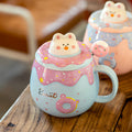 Kawaii Donut Bunny Ceramic Mug — Cute Pastel Blue "Sweet" Cup with 3D Bunny Lid & Matching Donut Spoon
