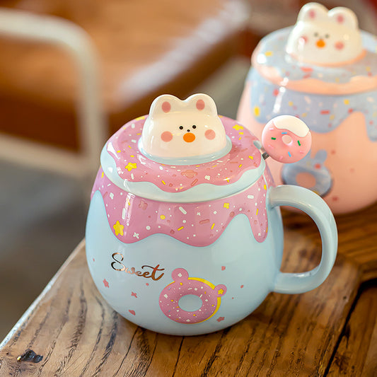Kawaii Donut Bunny Ceramic Mug — Cute Pastel Blue "Sweet" Cup with 3D Bunny Lid & Matching Donut Spoon