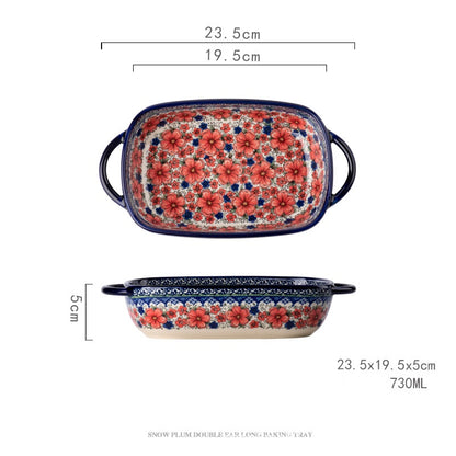 Hand-Painted Polish Folk-Art Ceramic Baking Dish — Rectangular Double-Handled Stoneware Casserole Pan (730ml)