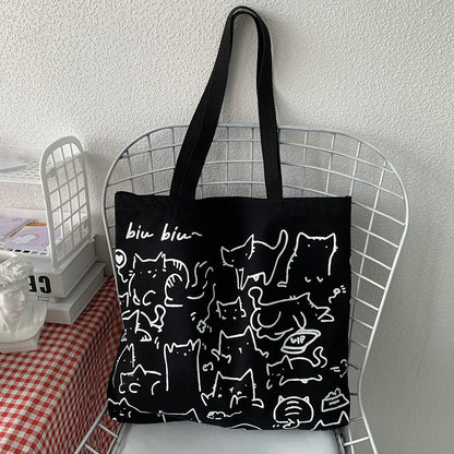 Black Canvas Cat Illustration Tote Bag