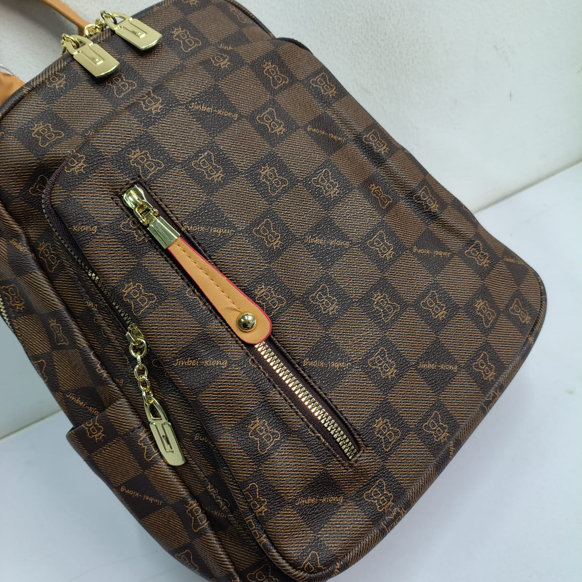 Premium Brown Checkered Leather Women's Backpack