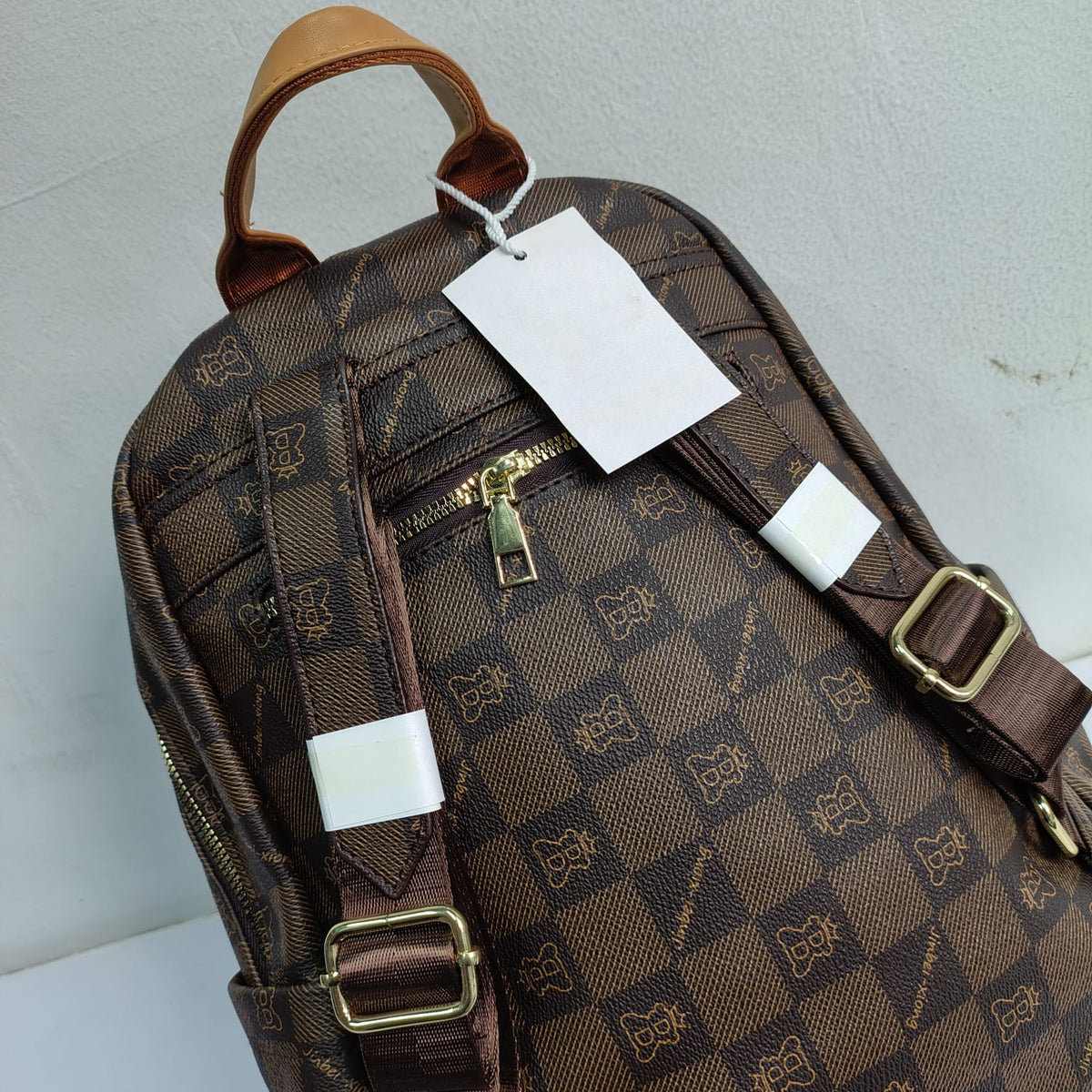 Premium Brown Checkered Leather Women's Backpack