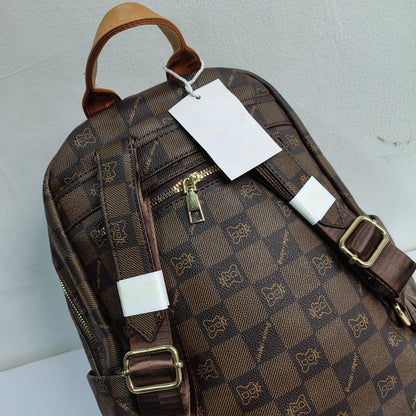 Premium Brown Checkered Leather Women's Backpack